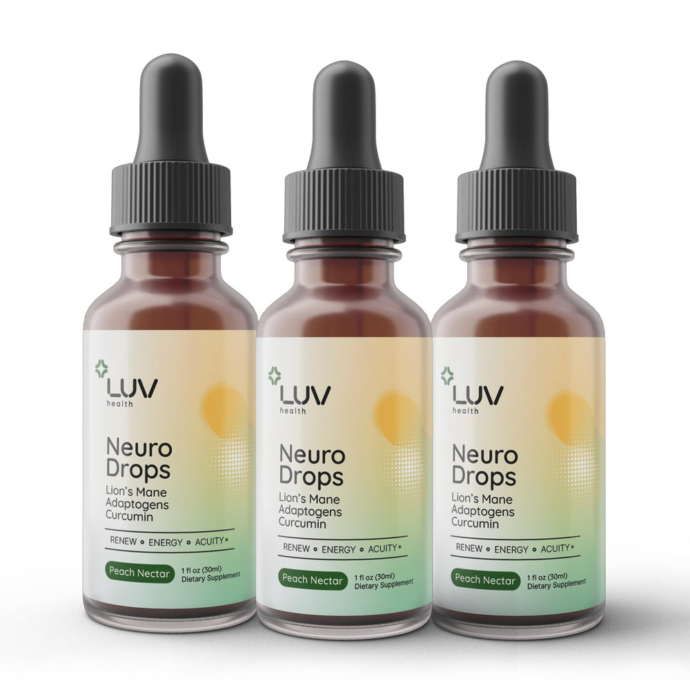 LUV health Neuro Drops bottle front view highlights vegan, organic formula for nerve and joint support.