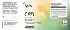 LUV health Neuro Drops mushrooms highlight featuring Lion’s Mane and Cordyceps.