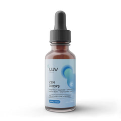 LUV Zen Drops bottle front showing logo and calming blend.