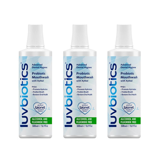 Luv Biotics fluoride-free mouthwash bottle shows probiotic balance for a healthier mouth.