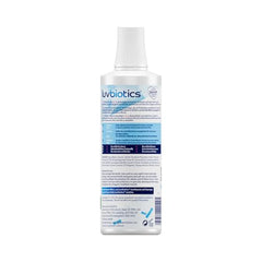 Luv Biotics fluoride-free mouthwash pour suggests natural freshness with probiotic support.