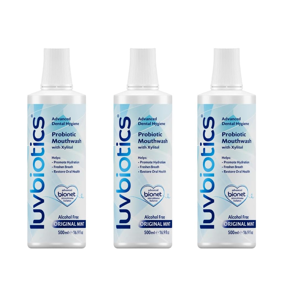 LuvBiotics Mouthwash bottle front view highlights probiotic formula for balanced mouth flora.