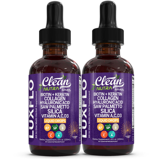 LuxGlo Biotin liquid bottle pour: easy daily drops to support hair and skin.