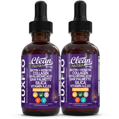 LuxGlo Biotin liquid bottle pour: easy daily drops to support hair and skin.