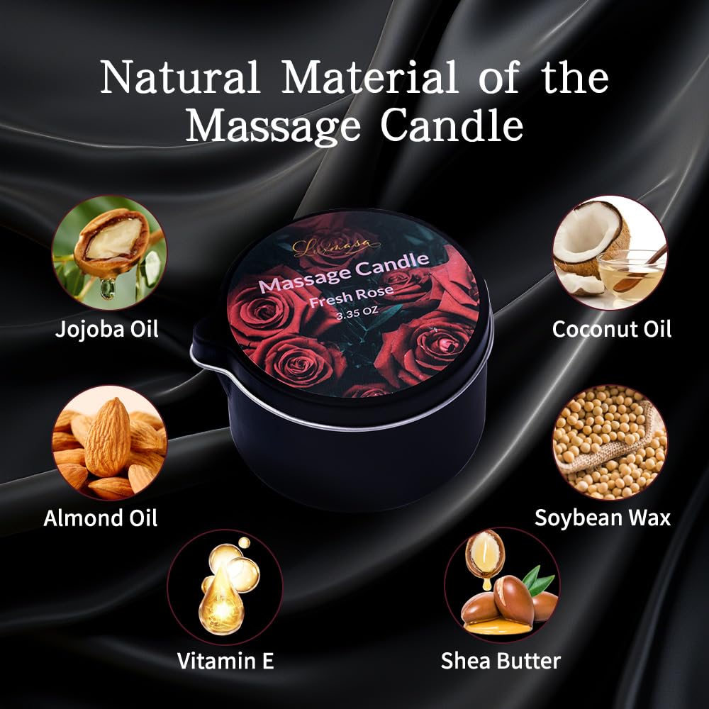 LUXMASA massage candle bottle pour demonstrates warming oil melt for skin care.