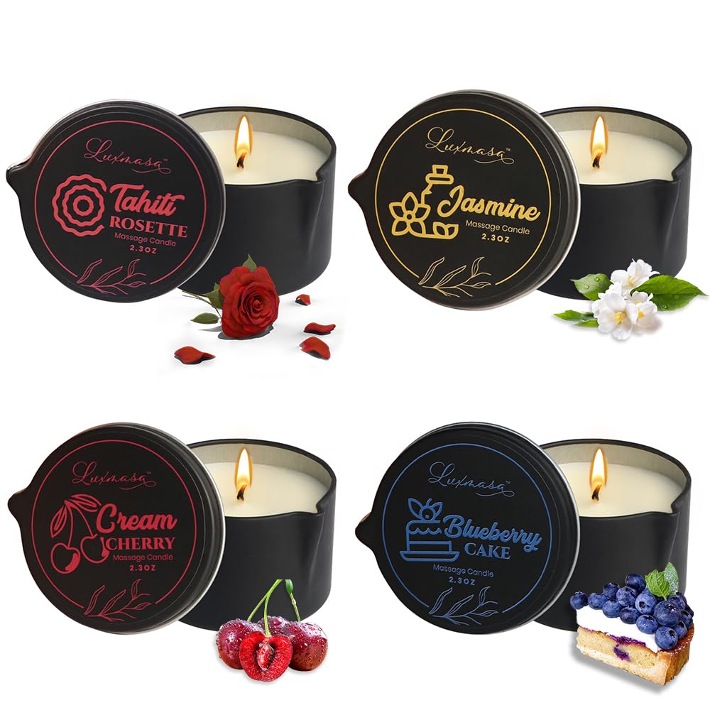 Luxmasa Tahiti massage candle pour, warm oil for at-home spa relaxation.