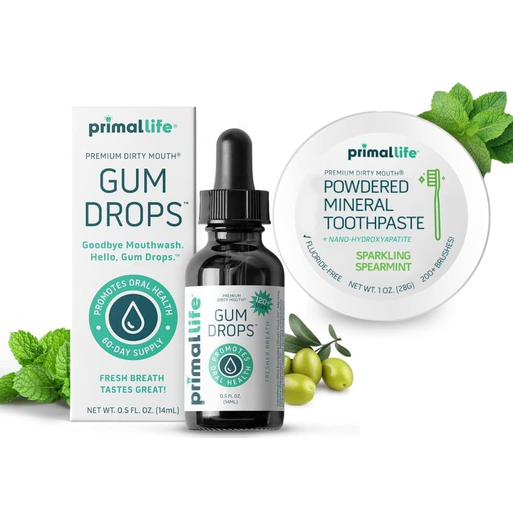 LuxProdX Primal Life gum serum bottle highlights natural essential oils for fresh breath