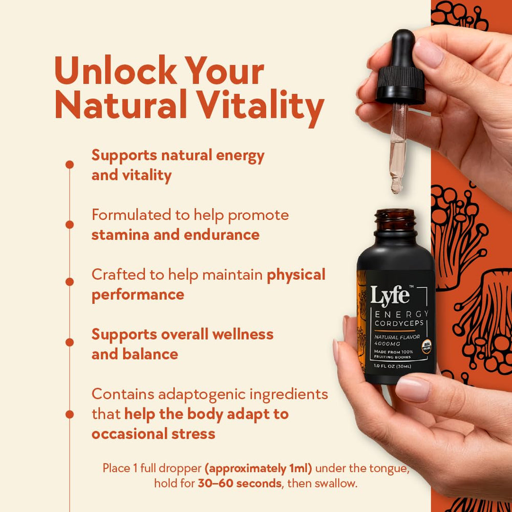 LYFE Cordyceps Militaris tincture drops support vitality during workouts.