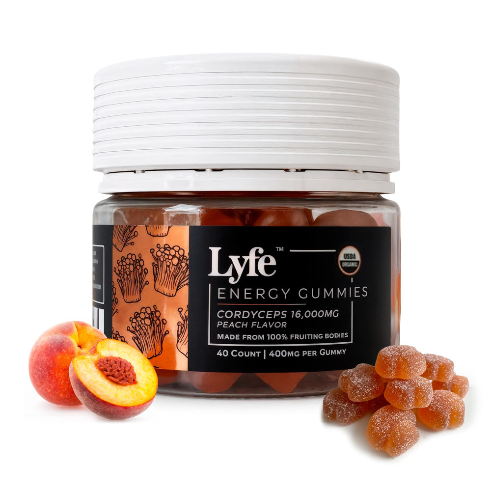 LYFE Peach Mushroom Gummies bottle front highlighting natural energy support