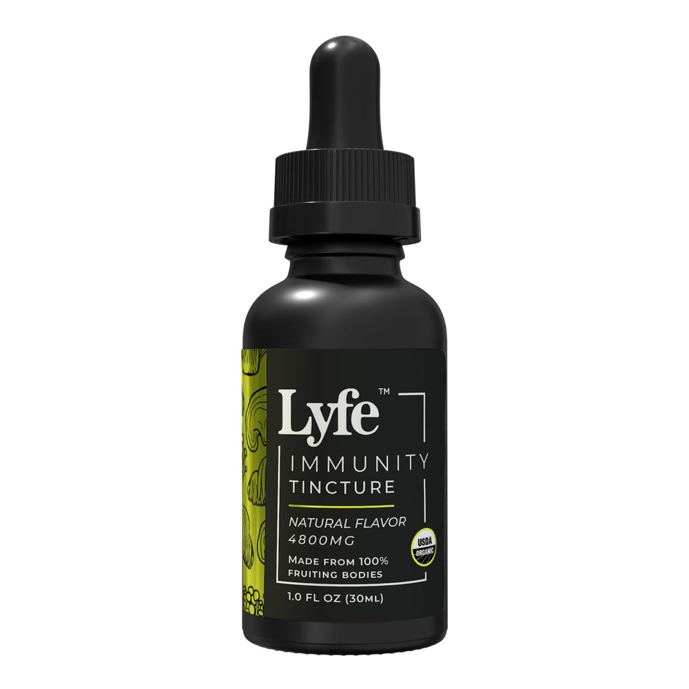 LYFE Immunity Tincture bottle closeup, vegan organic formula for daily wellness support.