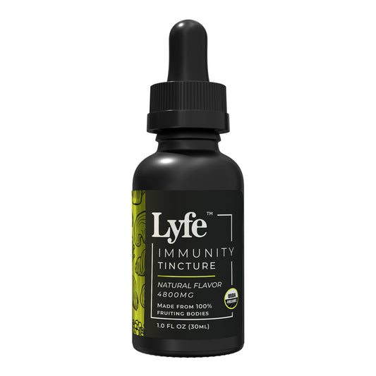 LYFE Immunity Tincture bottle closeup, vegan organic formula for daily wellness support.