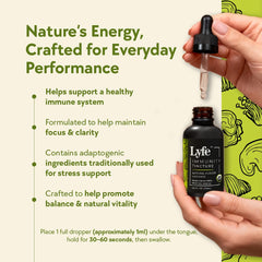 LYFE Immunity Tincture dropper pour demonstrating easy-to-use liquid drops for daily balance.
