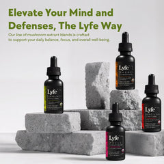 LYFE Immunity Tincture on wooden table signaling premium vegan wellness in a compact bottle.