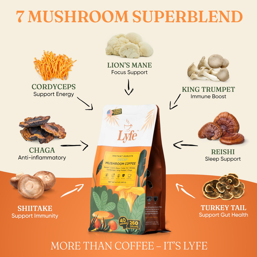 LYFE Organic Instant Decaf Mushroom Coffee packaging highlights organic blend.