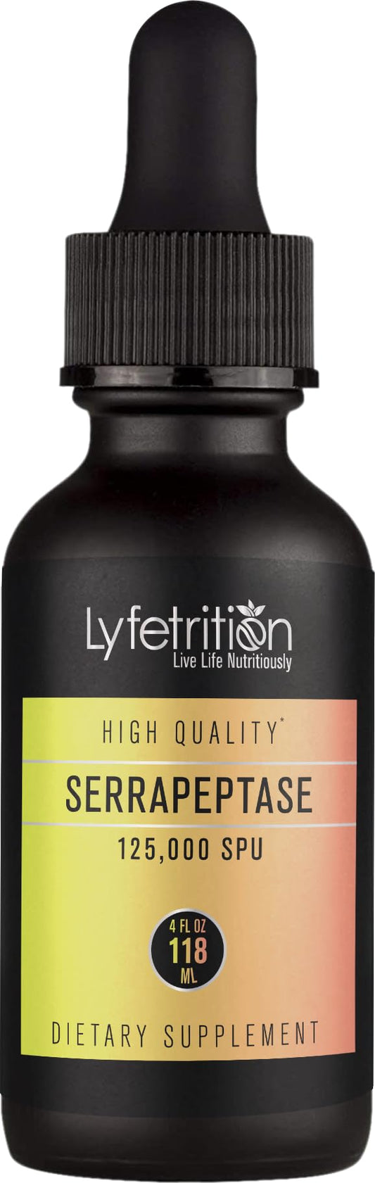 Lyfetrition Serrapeptase bottle label highlights 125000 SPU for daily use.