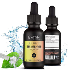 Dropper close-up showing 11-drop dosing for Lyfetrition Serrapeptase.
