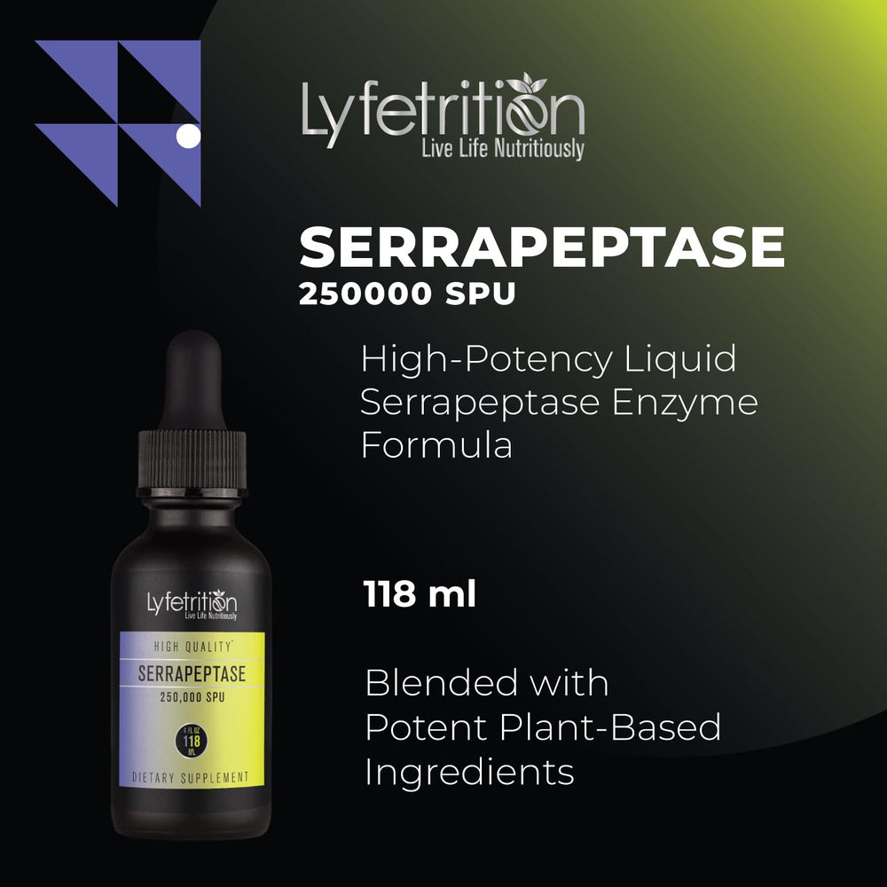 Lyfetrition Serrapeptase bottle beside a glass with a drink