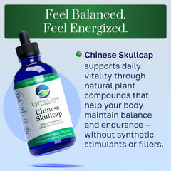 LymeCore Chinese Skullcap liquid label closeup shows third‑party tested purity.