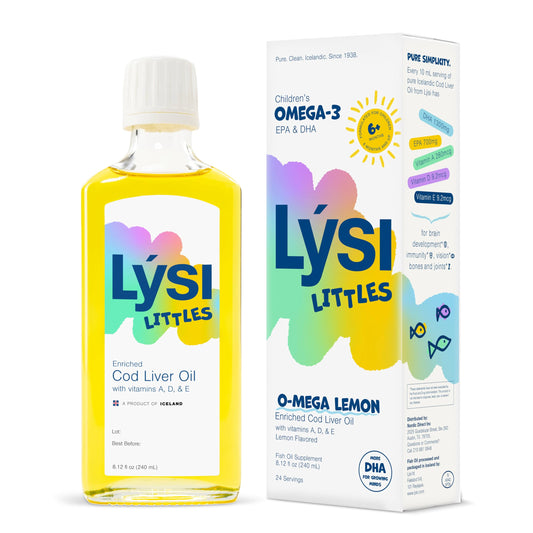 LYSI Littles lemon bottle for kids, supports daily omega-3 intake.