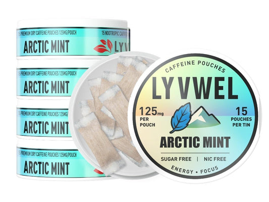 LyvWel 125mg caffeine energy pouch Arctic Mint pack for steady on-the-go energy.