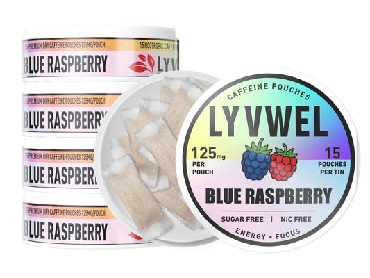 LyvWel 125mg caffeine energy pouch close-up showing guarana boost for focus.