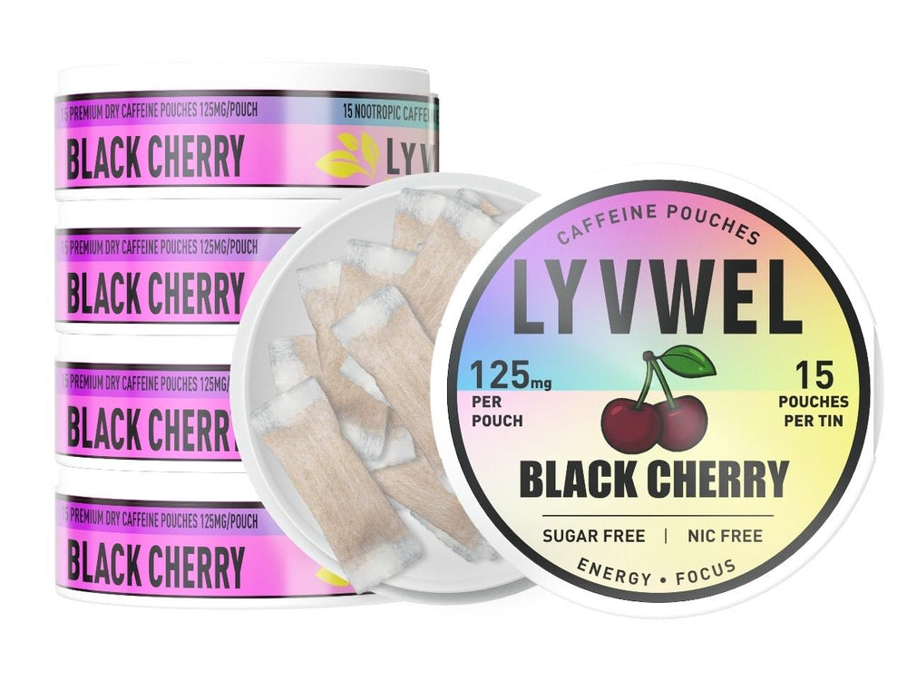 LyvWel 125mg caffeine energy pouch pack providing a clean, sustained lift for workouts and work.