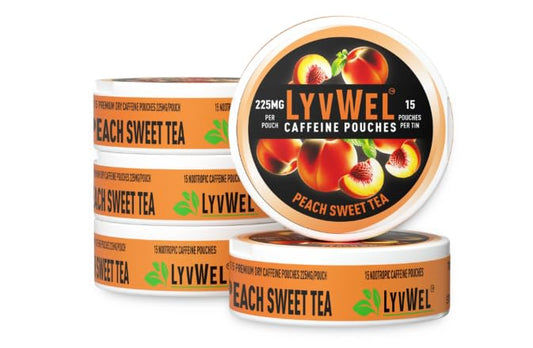 LyvWel 225mg caffeine energy pouches 75-pack pack shot highlighting strong energy.