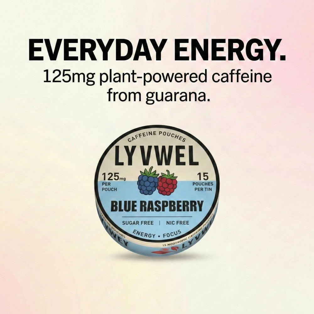 LyvWel 5-pack display showing 75 total pouches for steady energy.