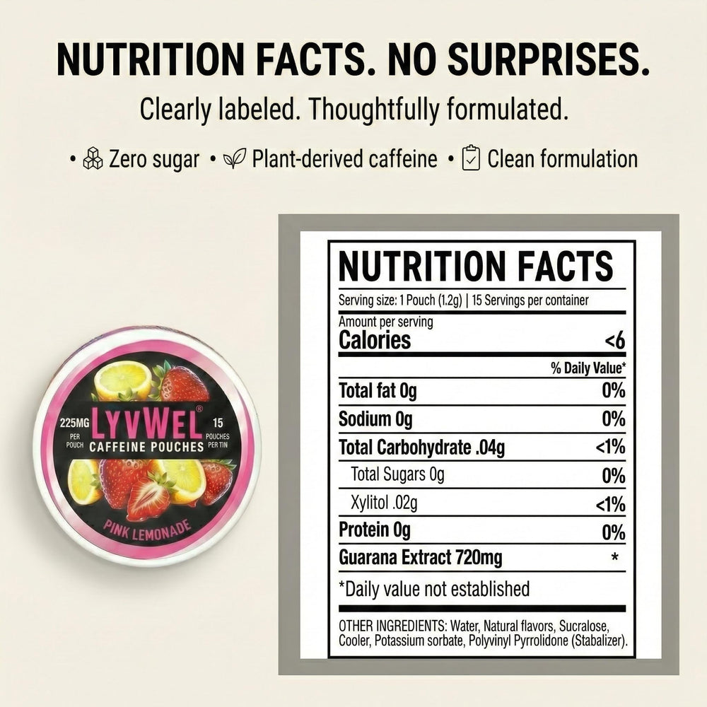 LyvWel pink lemonade energy pouch ready for travel and daily routine