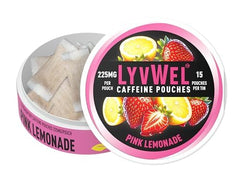 LyvWel pink lemonade energy pouch placed under lip for discreet energy
