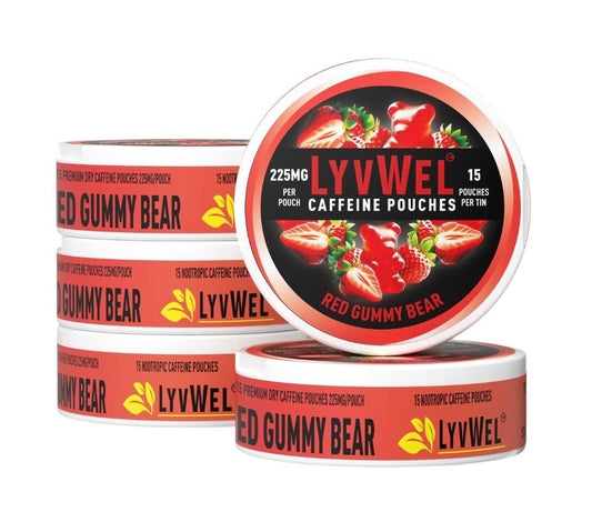 LyvWel red gummy 225mg pouch for clean, long-lasting energy and focus.