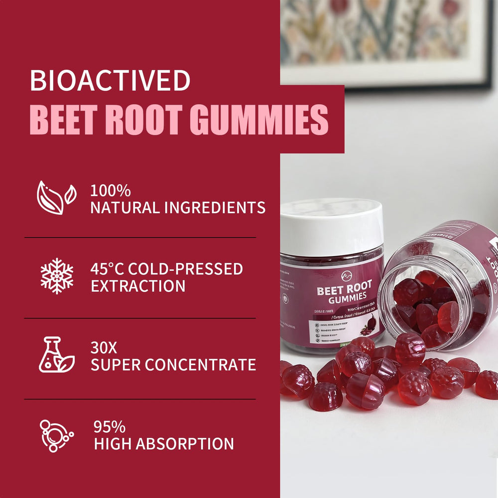 M inch Beet Root Gummies bottle back with vegan sugar-free formula details.