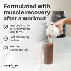 M+S whey shake in a glass demonstrates creamy texture for convenient meal replacement.