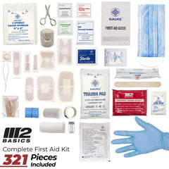 M2 BASICS antiseptic wipes and burn cream ready for minor incidents.