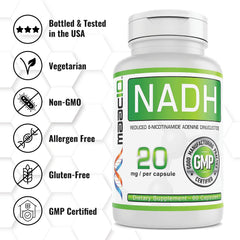 MAAC10 NADH bottle back label showing supplement facts and vegan notes