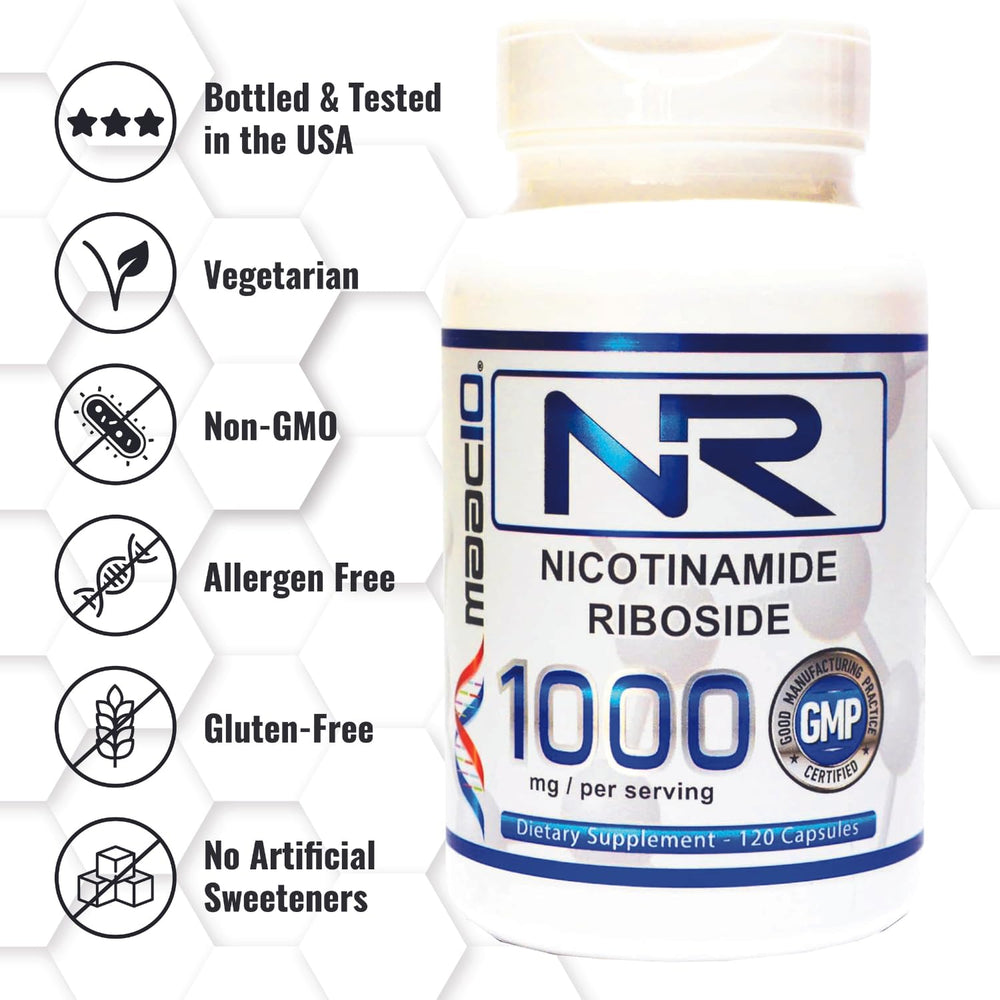 MAAC10 NR bottle label showing 1000 mg serving and four capsules per serving.
