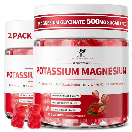 MABEFY potassium magnesium gummies bottle shows sugar free formula for daily use