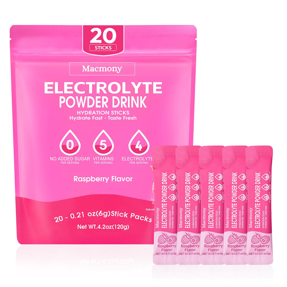 Macmony Electrolyte Packets Raspberry front view for on the go hydration