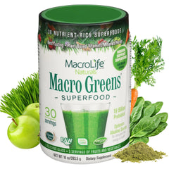 MacroLife Macro Greens Powder bottle shows a 38-in-1 blend for daily nourishment and gut support.