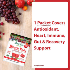 MacroLife Naturals Miracle Reds powder dispense showing easy scoop-to-glass prep