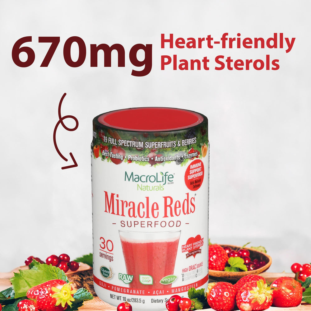 MacroLife Naturals Miracle Reds powder dissolving in water to illustrate cold-processed formula.