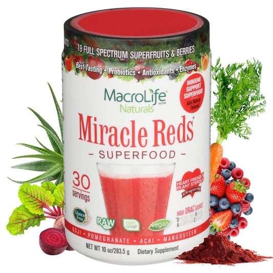 MacroLife Naturals Miracle Reds powder jar ready for daily antioxidant support.