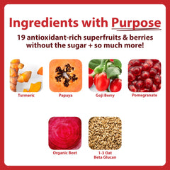 MacroLife Naturals Miracle Reds scoop beside a glass, inviting immune-supporting routine.