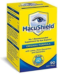 Macushield bottle with glass illustrating a simple daily routine.