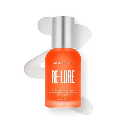 MAËLYS Re-Lure tightening serum bottle close-up for smoother skin texture.
