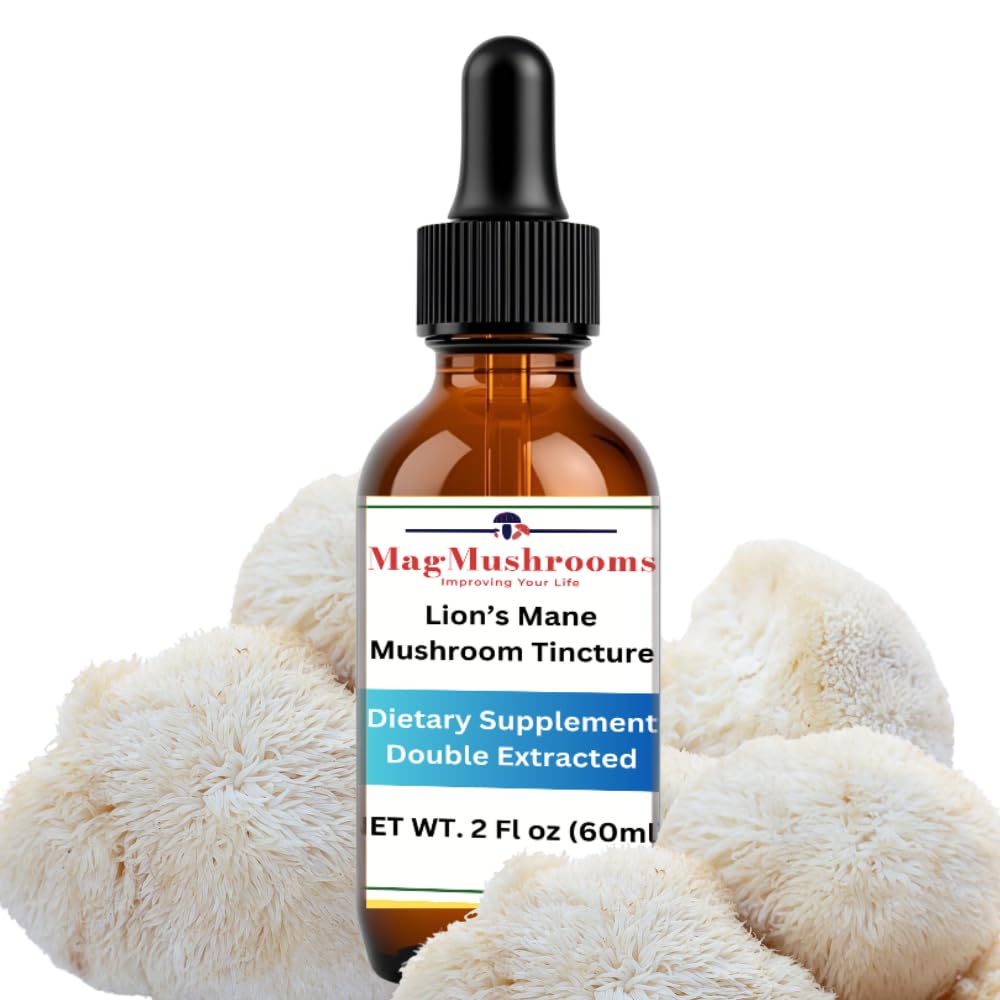 Mag Mushrooms Lion's Mane tincture bottle highlighting premium double extraction potency