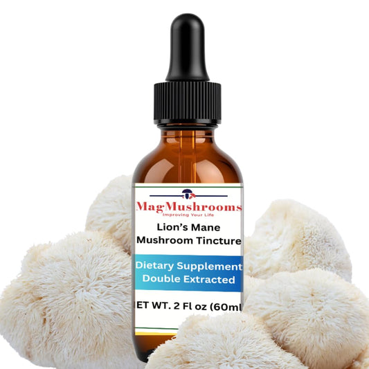 Mag Mushrooms Lion's Mane tincture bottle highlighting premium double extraction potency