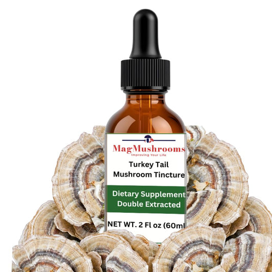 Mag Mushrooms Turkey Tail liquid extract bottle pour highlighting potency for cognitive support.