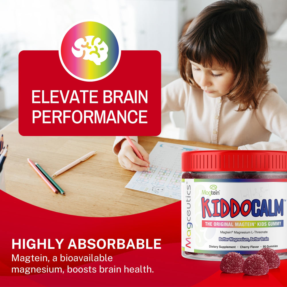 Package box of Magceutics KiddoCalm showing the product label and vegan gummies.