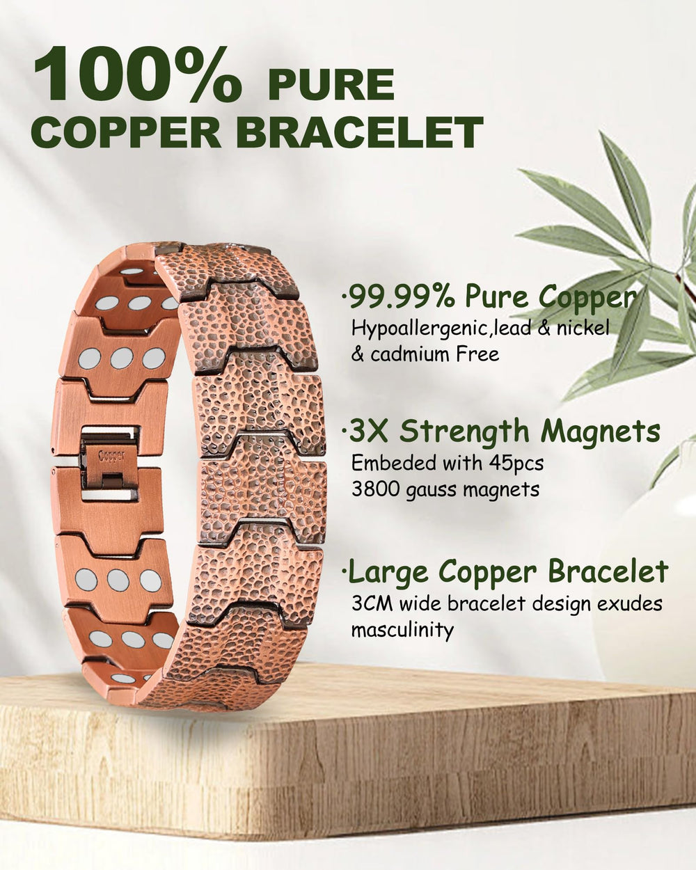 MagEnergy copper bracelet shows three magnet rows for comfortable daily wear.